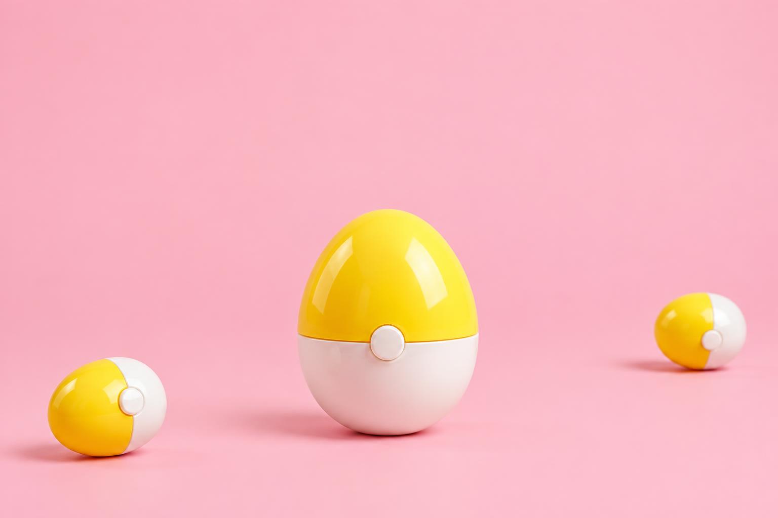 Glossy yellow and white Pocket mystery eggs on a pink playground